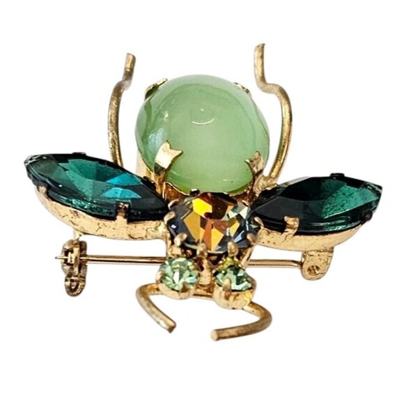 Austria Green Rhinestone Bug Brooch Pin, Uranium Glass, Domed Cabochon Pin, J32 - Picture 4 of 7